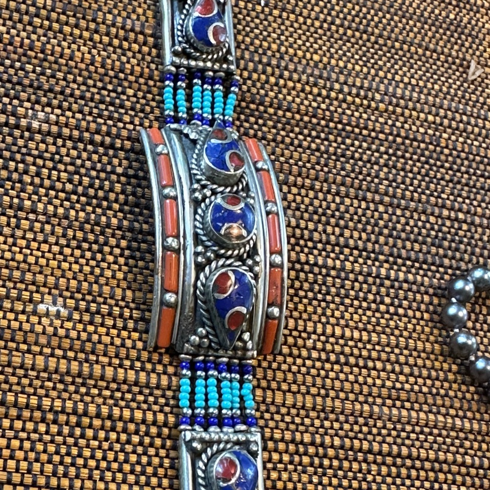 Turquoise & Coral Beaded Silver-Tone Women’s Bracelet